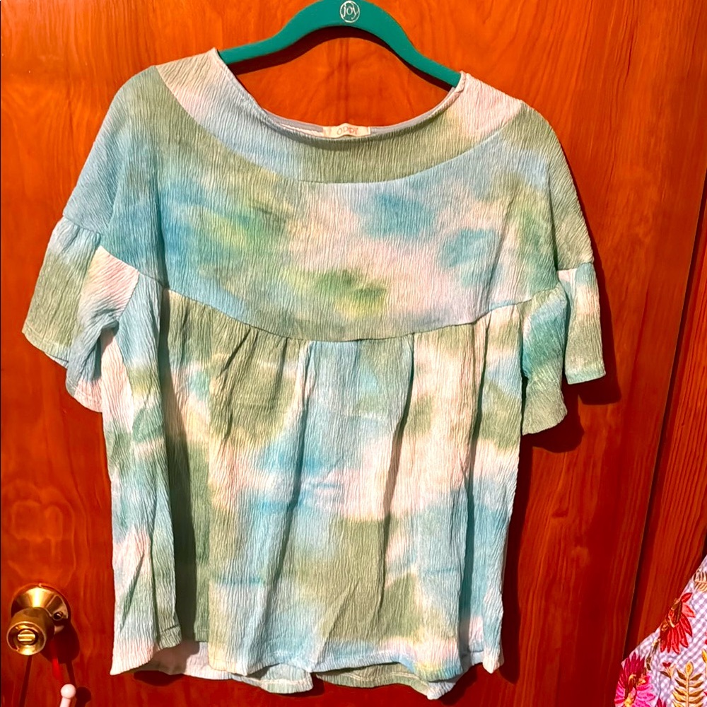 ODDY NWOT Tie-Dye Green and Blue Women's Top w/ Crepe Texture